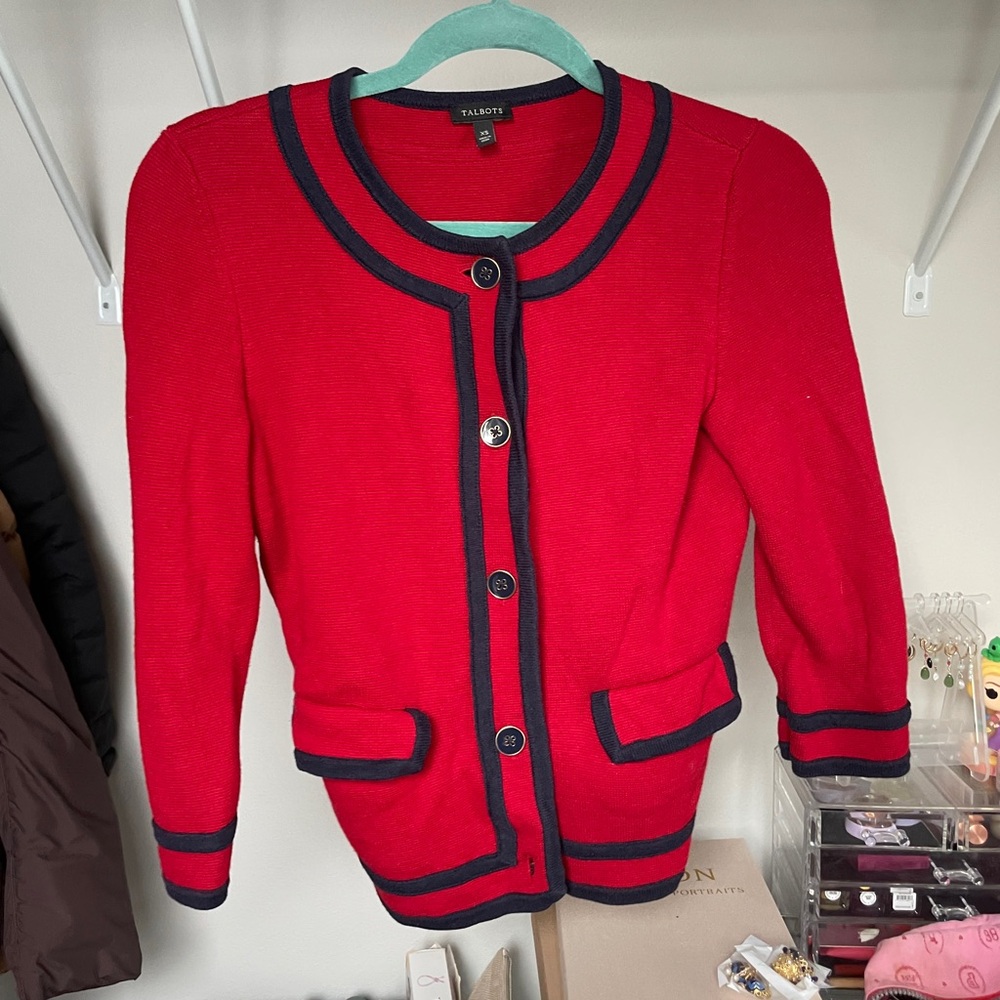 Talbots Red Button-Down Cardigan with Trim (XS)